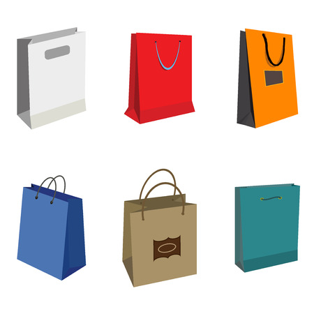 Set of Colorful Empty Shopping Bags set. Shopping bags fashion design store merchandise handle package. Colorful paper gift handle package shop, market shopping bags.のイラスト素材