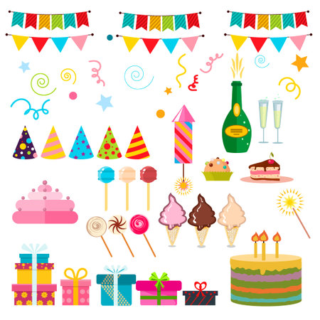 Celebration happy birthday party symbols carnival festive set. Colorful happy birthday party symbols hat, gifts, balloon. Happy birthday party symbols event funny decoration collection.のイラスト素材
