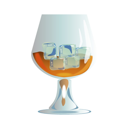 whiskey with ice in glass isolated on white. Glass of scotch whiskey and ice. Brown brandy glass beverage transparent cognac. Elegance restaurant brandy glass classic golden strong scotch.のイラスト素材