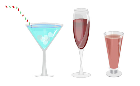 Alcohol drinks in glasses transparent set isolated. Beverage cocktail wine alcohol glasses. Selection of colorful festive Christmas drinks, alcoholic beverages and cocktails in elegant glassesのイラスト素材
