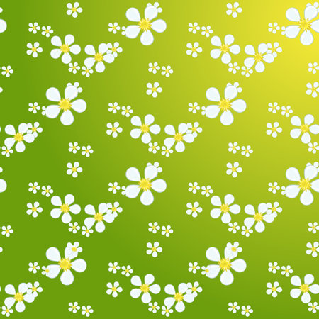White daisies seamless pattern on yellow background. Daisy field chamomile seamless pattern abstract design plant texture. Nature flower daisies summer chamomile seamless pattern.のイラスト素材