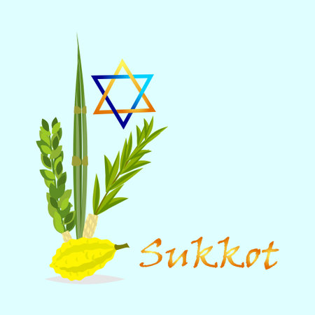 Sukkot Jewish holiday. Jewish torah with Lulav date palm, Etrog citron, Arava willow and Hadas myrtle Jewish festival Sukkot species lulav. Palm branch, willow and myrtle leaves, etrog.のイラスト素材