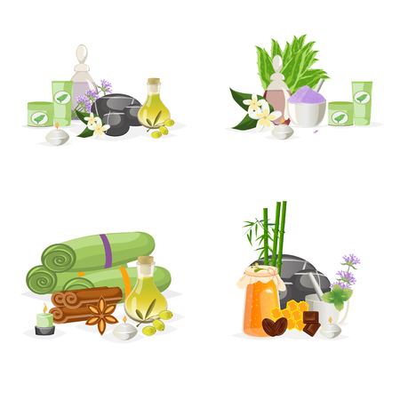 Spa wellness icons and body spa relaxation icons vector. Spa still life icons with water lily and zen stone in serenity pool vector.のイラスト素材