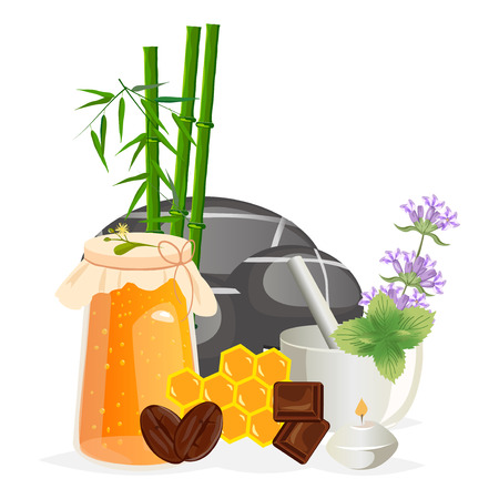 Spa wellness icons and body spa relaxation icons vector. Spa still life icons with water lily and zen stone in serenity pool vector.のイラスト素材