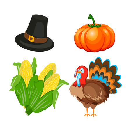 Set of colorful cartoon icons for thanksgiving day. Pumpkin holiday vector thanksgiving icons turkey design leaf celebration. Collection element traditional hat harvest day thanksgiving icons.のイラスト素材