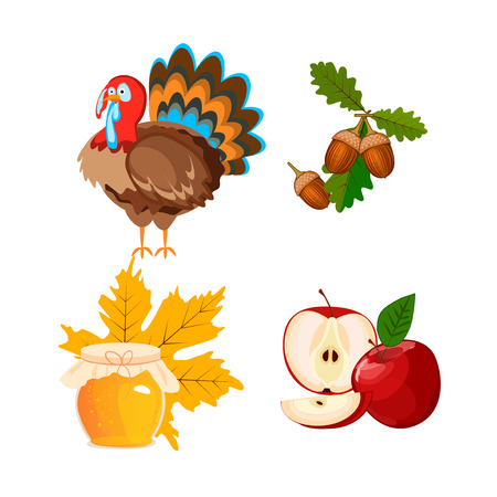 Set of colorful cartoon icons for thanksgiving day. Pumpkin holiday vector thanksgiving icons turkey design leaf celebration. Collection element traditional hat harvest day thanksgiving icons.のイラスト素材
