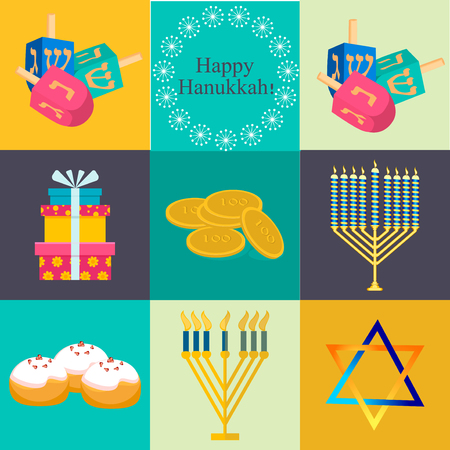Hanukkah traditional symbols jewish icons set isolated vector. Various jewish symbols and items hanukkah celebration flat icons set isolated vector. Jewish icons traditional religious holiday.のイラスト素材