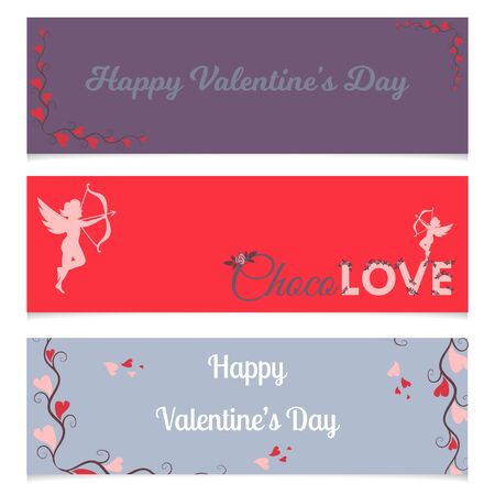 Happy valentines day cards with ornaments, hearts, ribbon, angel and arrow vector.のイラスト素材