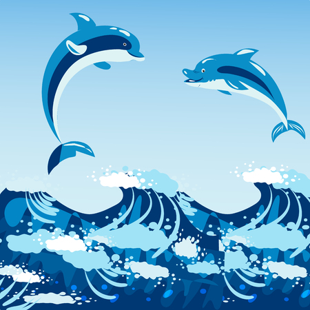 Cute dolphins aquatic marine nature ocean blue mammal sea water wildlife animal vector illustration.のイラスト素材