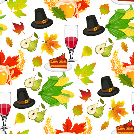 Thanksgiving seamless pattern background autumn pumpkin traditional holiday food harvest celebration vector illustration. Holiday thanksgiving turkey apple family dinner traditiona food celebration.のイラスト素材