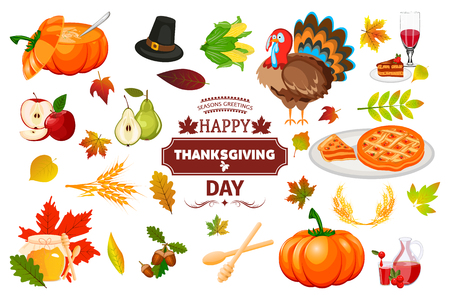 Thanksgiving icons autumn pumpkin traditional holiday food harvest celebration vector illustration. Holiday thanksgiving turkey apple family dinner traditiona food celebration.のイラスト素材