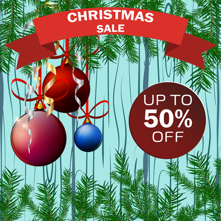 Christmas sale banner advertising background holiday discount xmas winter offer vector illustration.の写真素材