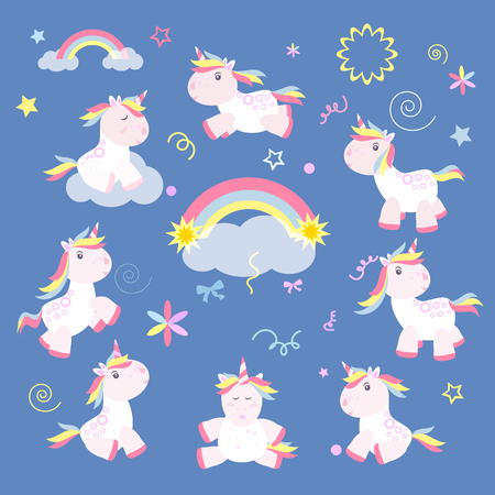 Cute unicorn magic baby vector. Fantasy animal lovely horn head illustration sweet horse dream cartoon rainbow. Beautiful funny pony star happy graphic card pink color fairy fairytale heart children.のイラスト素材