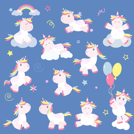 Cute unicorn magic baby vector. Fantasy animal lovely horn head illustration sweet horse dream cartoon rainbow. Beautiful funny pony star happy graphic card pink color fairy fairytale heart children.のイラスト素材