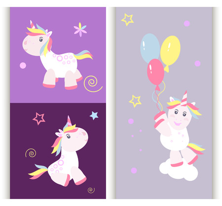 Cute unicorn cards magic baby vector. Fantasy animal lovely horn head illustration sweet horse dream cartoon rainbow. Beautiful funny pony star happy graphic card pink color fairy fairytale children.の写真素材