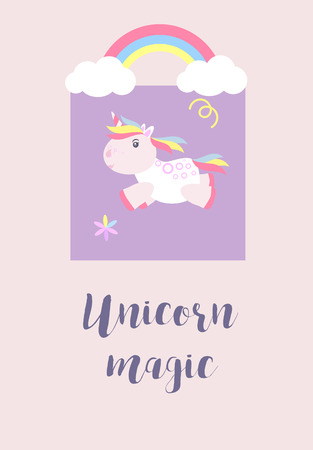 Cute unicorn card design with unicorn magic text vector illustrationのイラスト素材