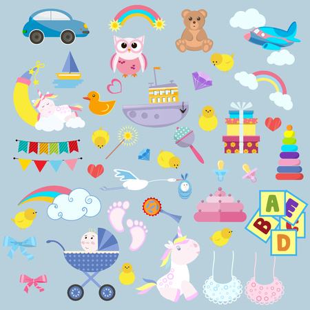 Toy cartoon kids baby. Child game childrens feet play childhood bear colorful vector illustration set kid.のイラスト素材