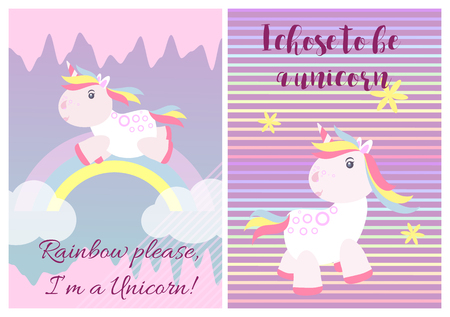 Cute unicorn cards magic baby vector. Fantasy animal lovely horn head illustration sweet horse dream cartoon rainbow. Beautiful funny pony star happy graphic card pink color fairy fairytale children.のイラスト素材