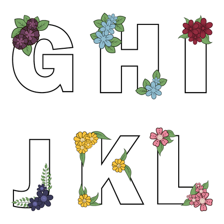 Floral alphabet vector isolated letters with flowers blossom illustration on white background.のイラスト素材