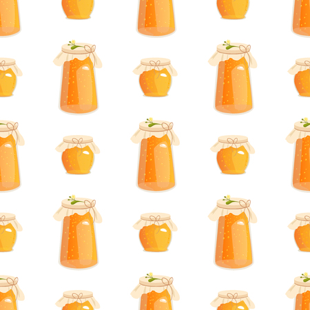 Honey jar seamless pattern with bee sketch vector illustration. Honey jar seamless pattern yellow wallpaper sweet texture food. Hexagon honey jar seamless pattern beehive decoration nature concept.のイラスト素材