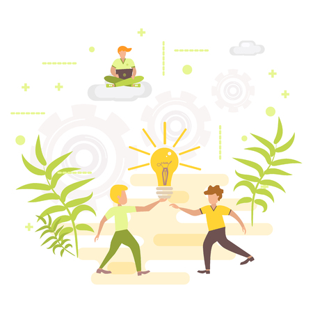 Concept creative idea and innovation with people will exchange inspiration creativity innovation vector illustration. Search for new ideas, teamwork in the company, thinking brainstorming.のイラスト素材