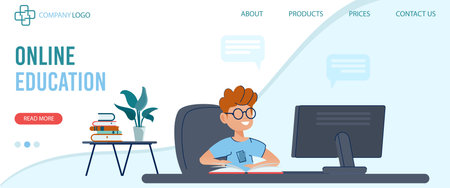 Child sits computer studying home online tutorials reading home schooling.のイラスト素材