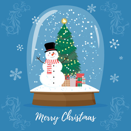 Christmas Snow globe with falling snow and christmas tree, vector illustration. Magic winter holiday glass globe. Merry Christmas crystal snowglobe, magical greeting card toy. Glossy home gift.のイラスト素材