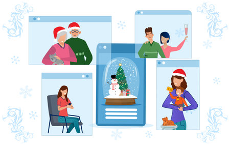 Online Christmas celebration people phone screen. Vector illustration of computer and smartphone screens with people. Online dating winter celebration crystal snowglobe. Internet technology invitationのイラスト素材