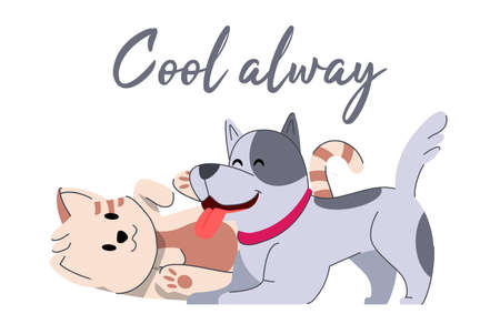 Cute cat and dog on a postcard in vintage style creative design You are my best friend dark brown and light cats vector illustration.のイラスト素材