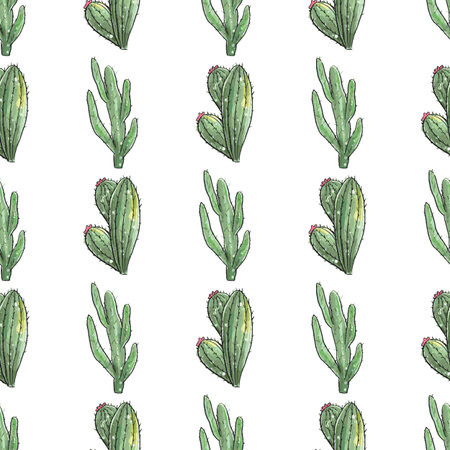 Cactus seamless pattern. Watercolor pattern of catus on white background. Green thorns Mexican...