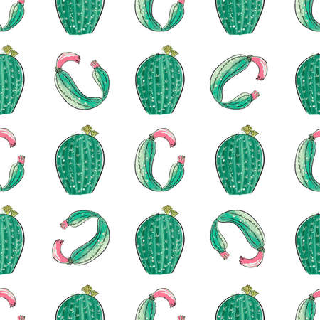 Cactus seamless pattern. Watercolor pattern of catus on white background. Green thorns Mexican succulent. Exotic cacti houseplant backgroundのイラスト素材