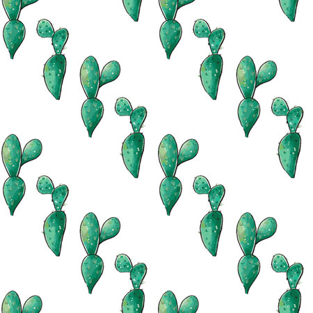 Cactus seamless pattern. Watercolor pattern of catus on white background. Green thorns Mexican succulent. Exotic cacti houseplant backgroundのイラスト素材
