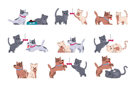 Dog adorable fummy animal. Seamless pattern puppy small friends. Domestic doggy character vector illustration. Cat adorable fummy animal. Set of cute kitty small friends. Domestic kitten characterのイラスト素材