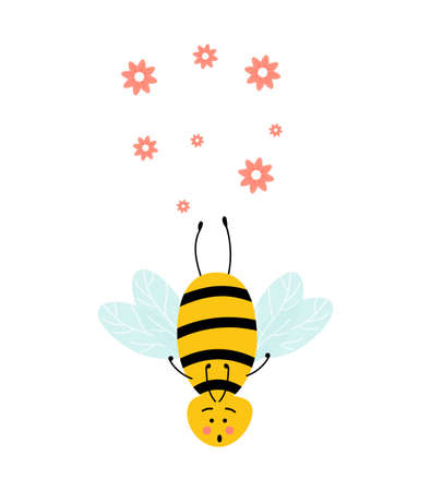 Cartoon cute baby bee dot. A honey bee flying happy. Vector illustration isolated,のイラスト素材