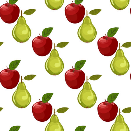 Cute seamless pear and apple pattern on paper background. Fruity patterns collectionのイラスト素材