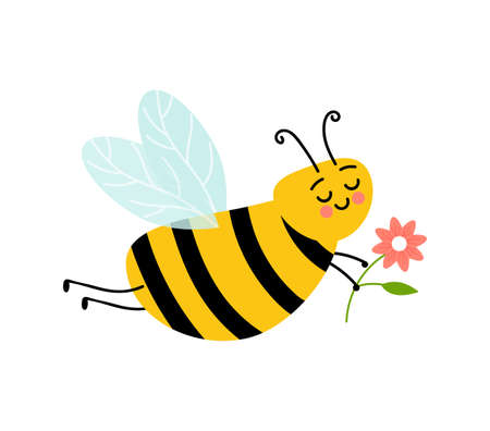 Honey bee cartoon insect character happy fly illustration. Bee Cartoon Mascot Characters Vector Collection. Various cartoon characters of bees with honey.のイラスト素材