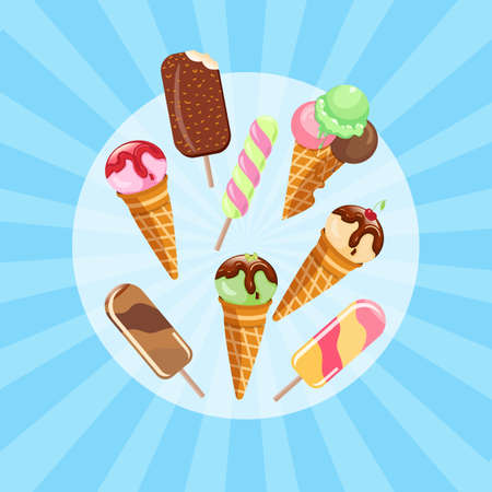 Happy National Ice Cream Day Poster. Sweet cold dessert greeting card. Chocolate ice cream holiday celebration banner.のイラスト素材