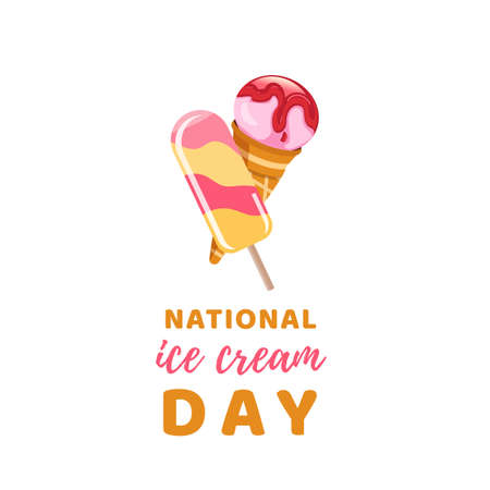 Happy National Ice Cream Day Poster. Sweet cold dessert greeting card. Chocolate ice cream holiday celebration banner.のイラスト素材