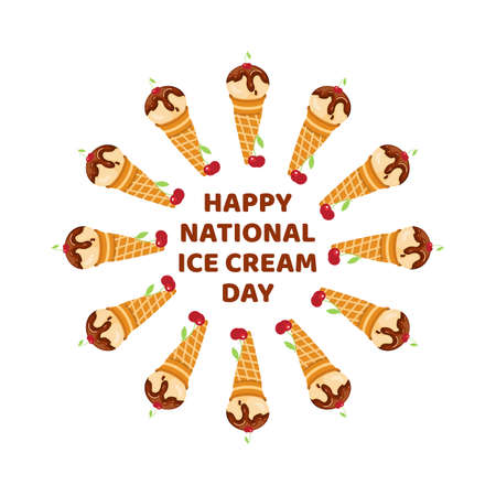 Happy National Ice Cream Day Poster. Sweet cold dessert greeting card. Chocolate ice cream holiday celebration banner.のイラスト素材