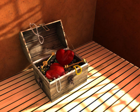 3D old treasure chest filled with 2 hearts, coins, necklaces and jeweleryの写真素材