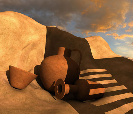 Three pots on sand in moody lighting - 3d render illustrationの写真素材