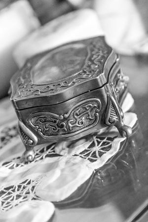 jewelry box on fabricの写真素材