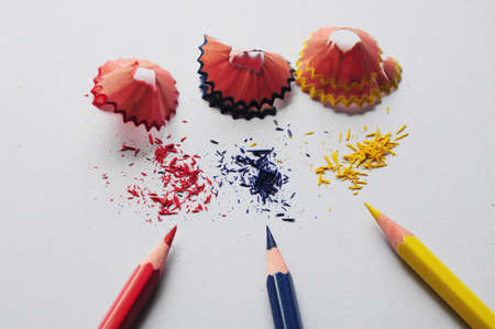 Color pencil shaving on white backgroundの写真素材