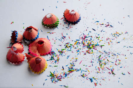 Color pencil shaving on white backgroundの写真素材