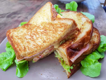 Sliced grilled sandwiches bread with bacon , ham, cheese and vegetableの写真素材