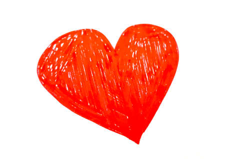 Red heart drawing by hand on white backgroundの写真素材