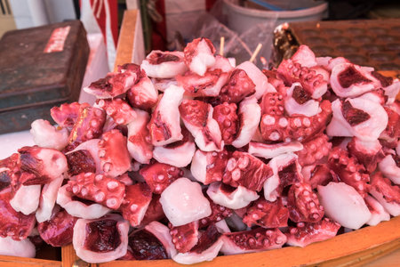 Japanese raw octopus bites, served at the karatsu konchi festivalの写真素材