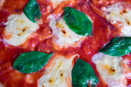 A pizza background with tomato and bazil closeupの写真素材