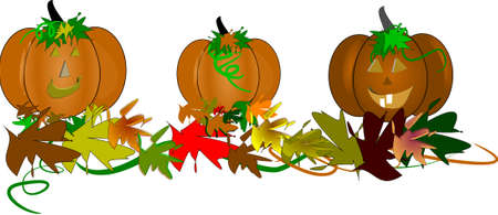 three toothy pumpkins with leaves and vines for autumn season halloweenのイラスト素材