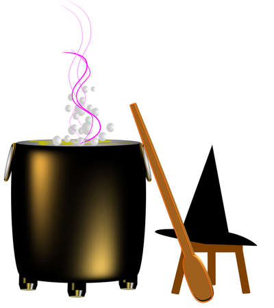 witchs lair  with boiling cauldron and stirrer in 3d on whiteのイラスト素材